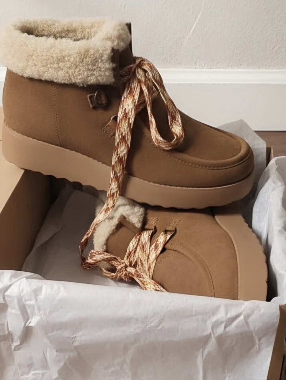 Jellypop Tan Shearling-Cuff Lace-Up Ankle Boots